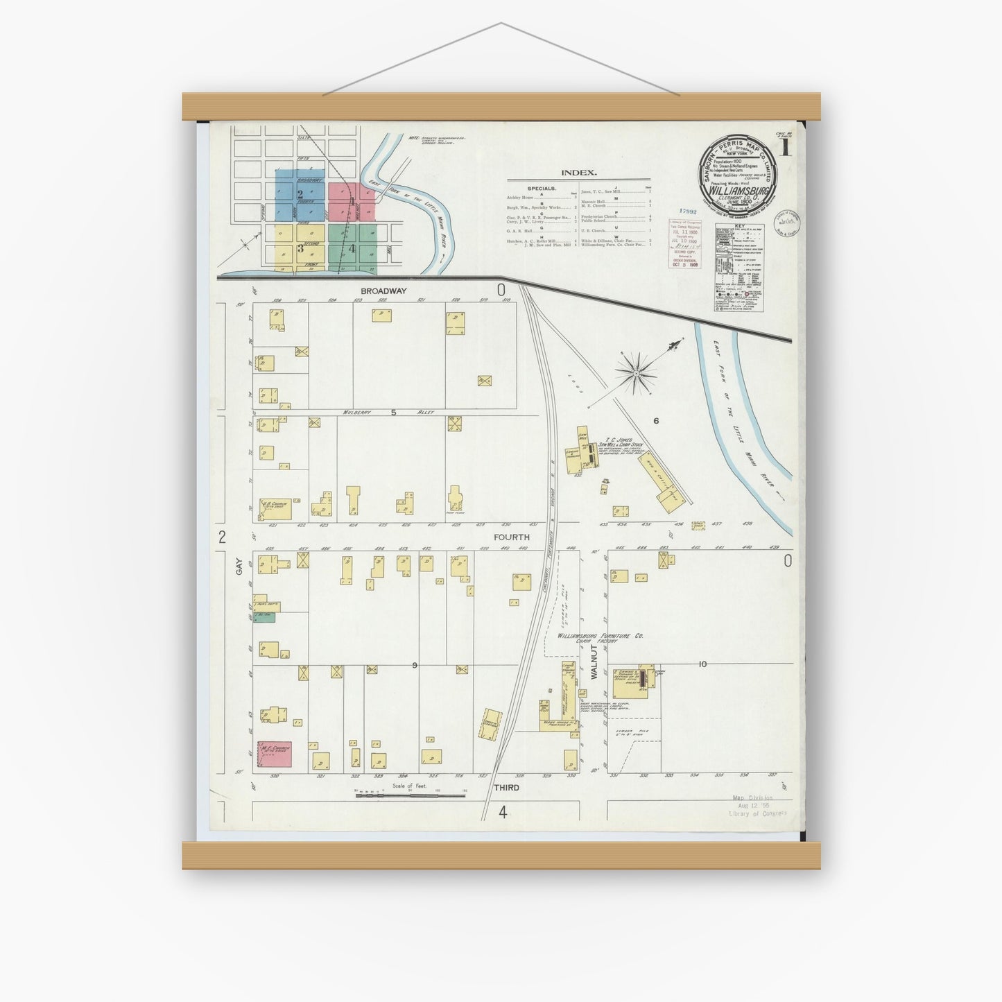 Old map wall art mockup — magnetic wood frame on white wall — Sanborn Fire Insurance Map from Williamsburg, Clermont County, Ohio (1900), Sheet #0001