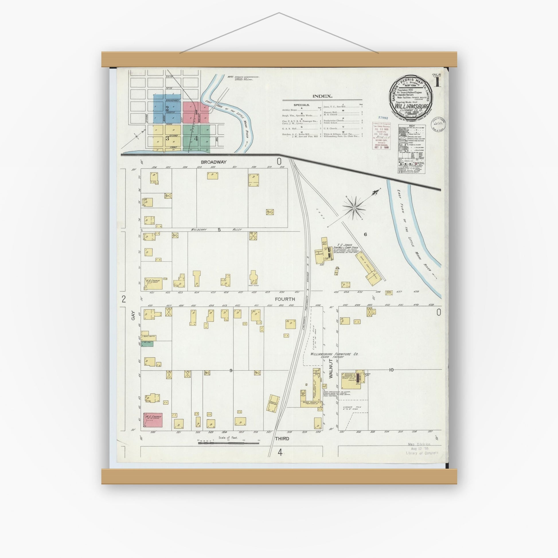 Old map wall art mockup — magnetic wood frame on white wall — Sanborn Fire Insurance Map from Williamsburg, Clermont County, Ohio (1900), Sheet #0001