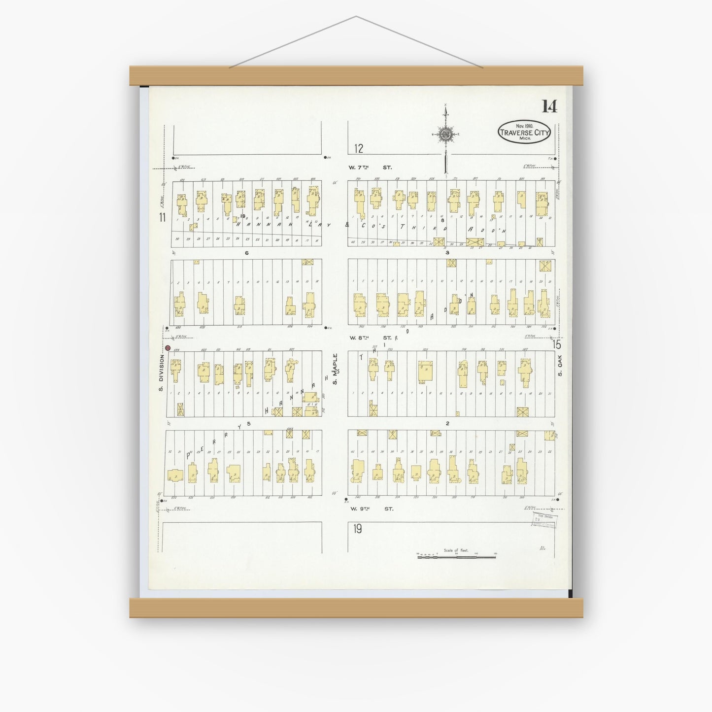 Old map wall art mockup — magnetic wood frame on white wall — Sanborn Fire Insurance Map from Traverse City, Grand Traverse County, Michigan (1910), Sheet #0014