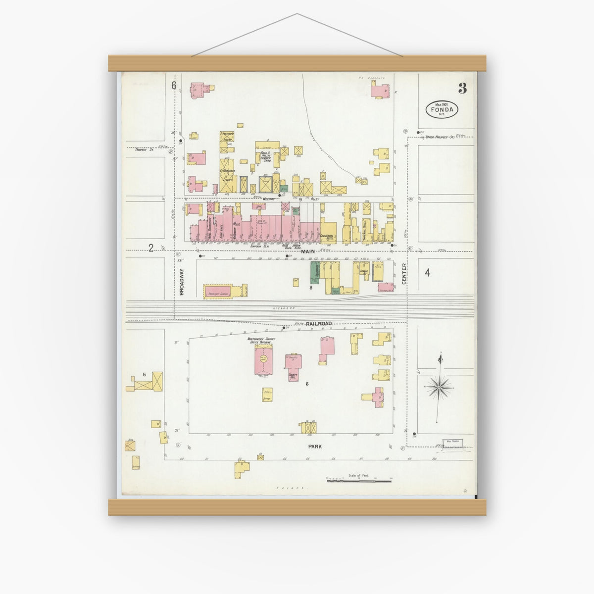 Old map wall art mockup — magnetic wood frame on white wall — Sanborn Fire Insurance Map from Fonda, Montgomery County, New York (1901), Sheet #0003