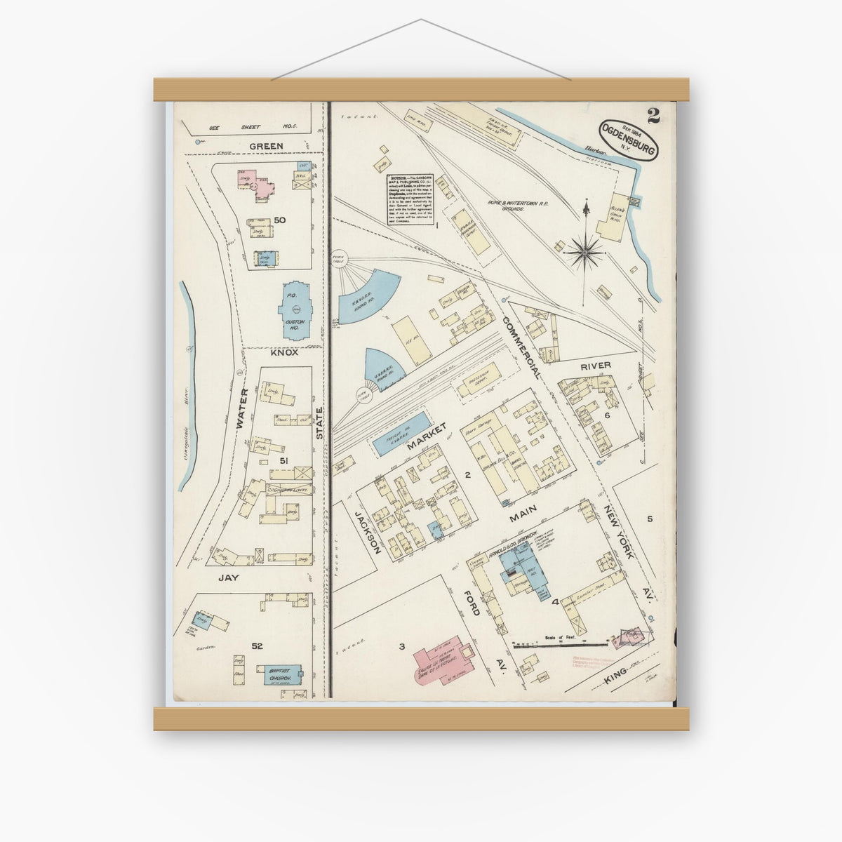 Old map wall art mockup — magnetic wood frame on white wall — Sanborn Fire Insurance Map from Ogdensburg, St. Lawrence County, New York (1884), Sheet #0002
