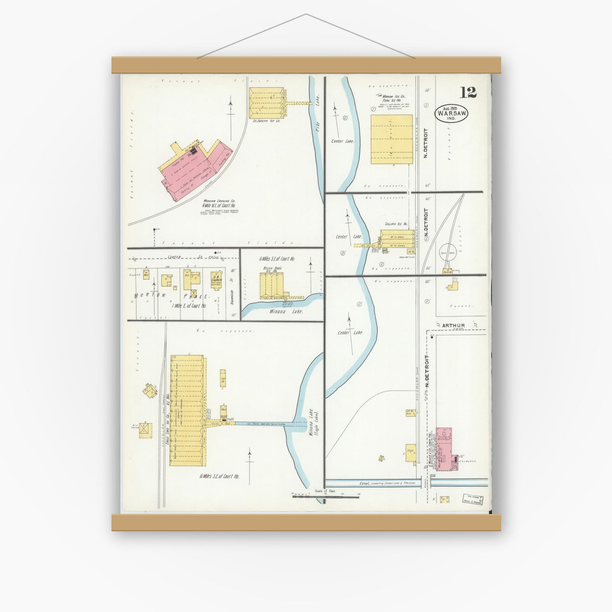 Old map wall art mockup — magnetic wood frame on white wall — Sanborn Fire Insurance Map from Warsaw, Kosciusko County, Indiana (1905), Sheet #0012
