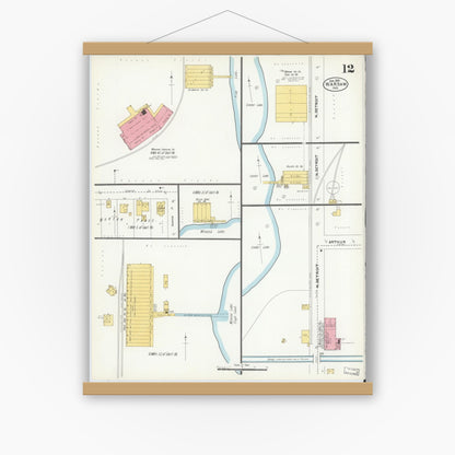 Old map wall art mockup — magnetic wood frame on white wall — Sanborn Fire Insurance Map from Warsaw, Kosciusko County, Indiana (1905), Sheet #0012
