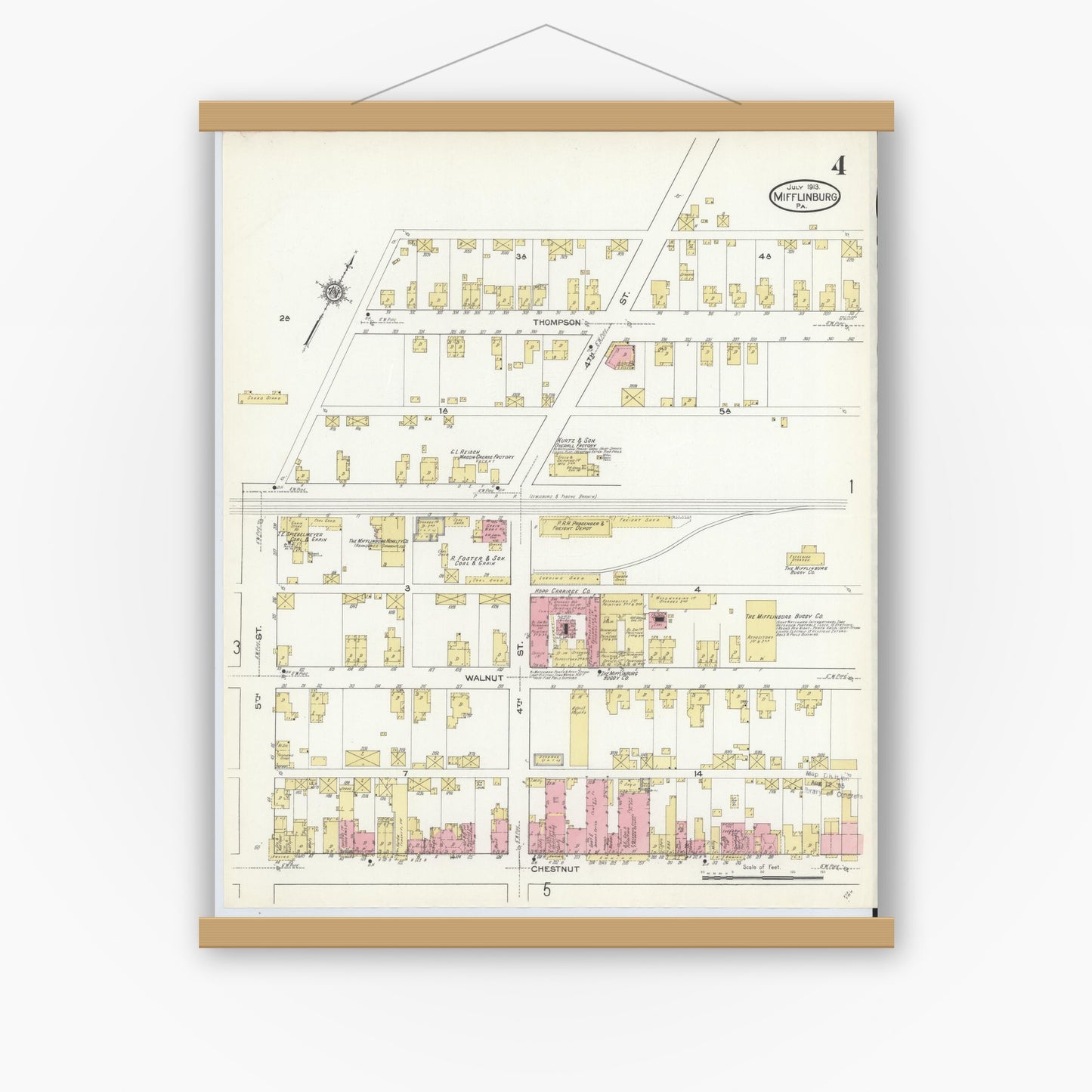 Old map wall art mockup — magnetic wood frame on white wall — Sanborn Fire Insurance Map from Mifflinburg, Union County, Pennsylvania (1913), Sheet #0004