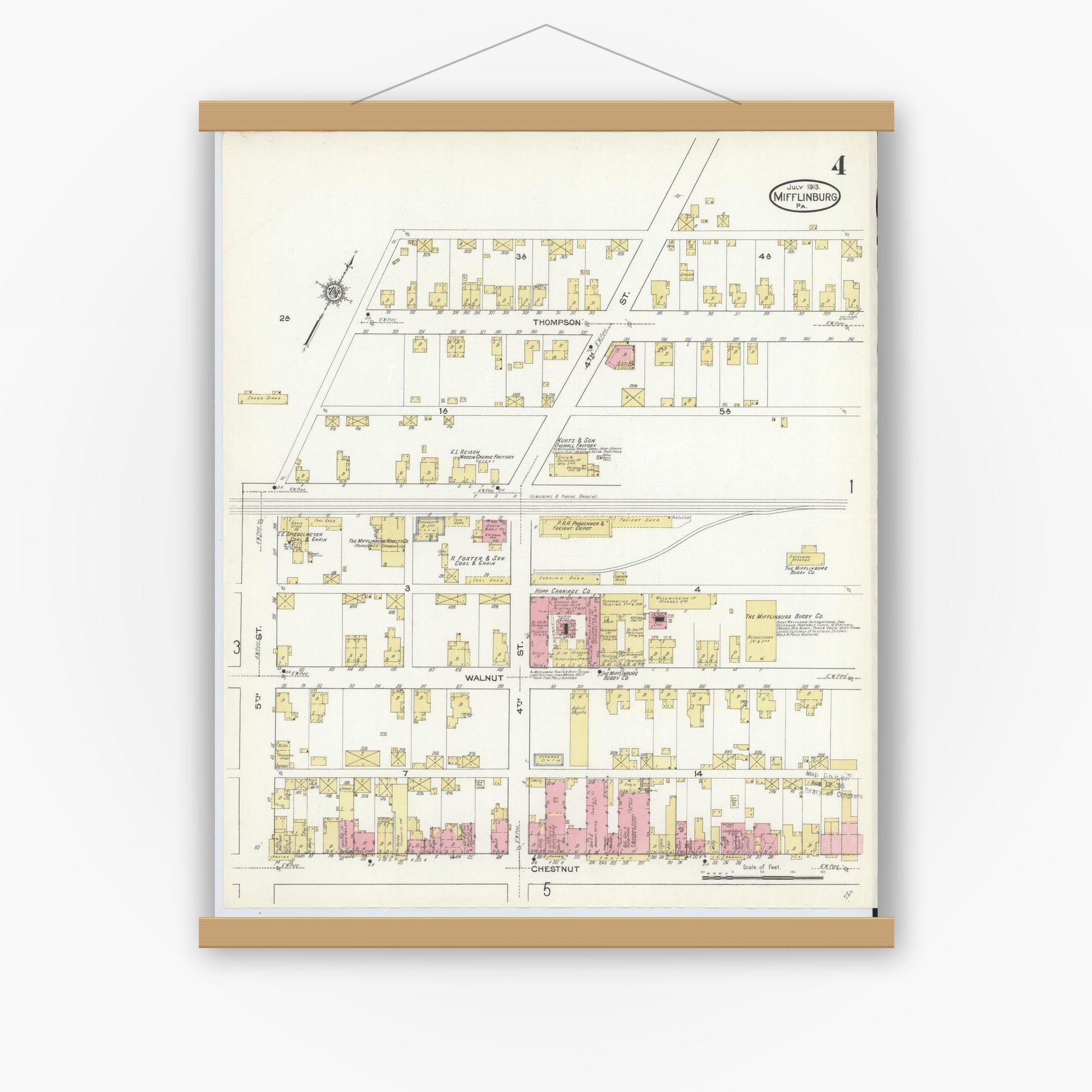 Old map wall art mockup — magnetic wood frame on white wall — Sanborn Fire Insurance Map from Mifflinburg, Union County, Pennsylvania (1913), Sheet #0004