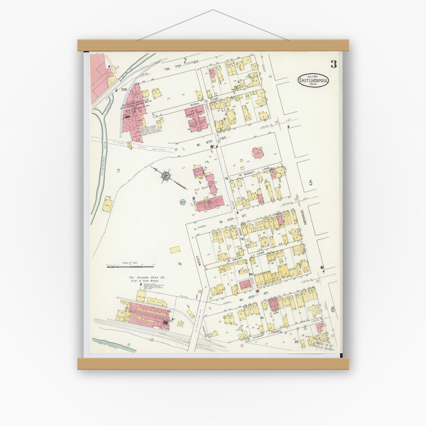 Old map wall art mockup — magnetic wood frame on white wall — Sanborn Fire Insurance Map from East Liverpool, Columbiana County, Ohio (1913), Sheet #0003