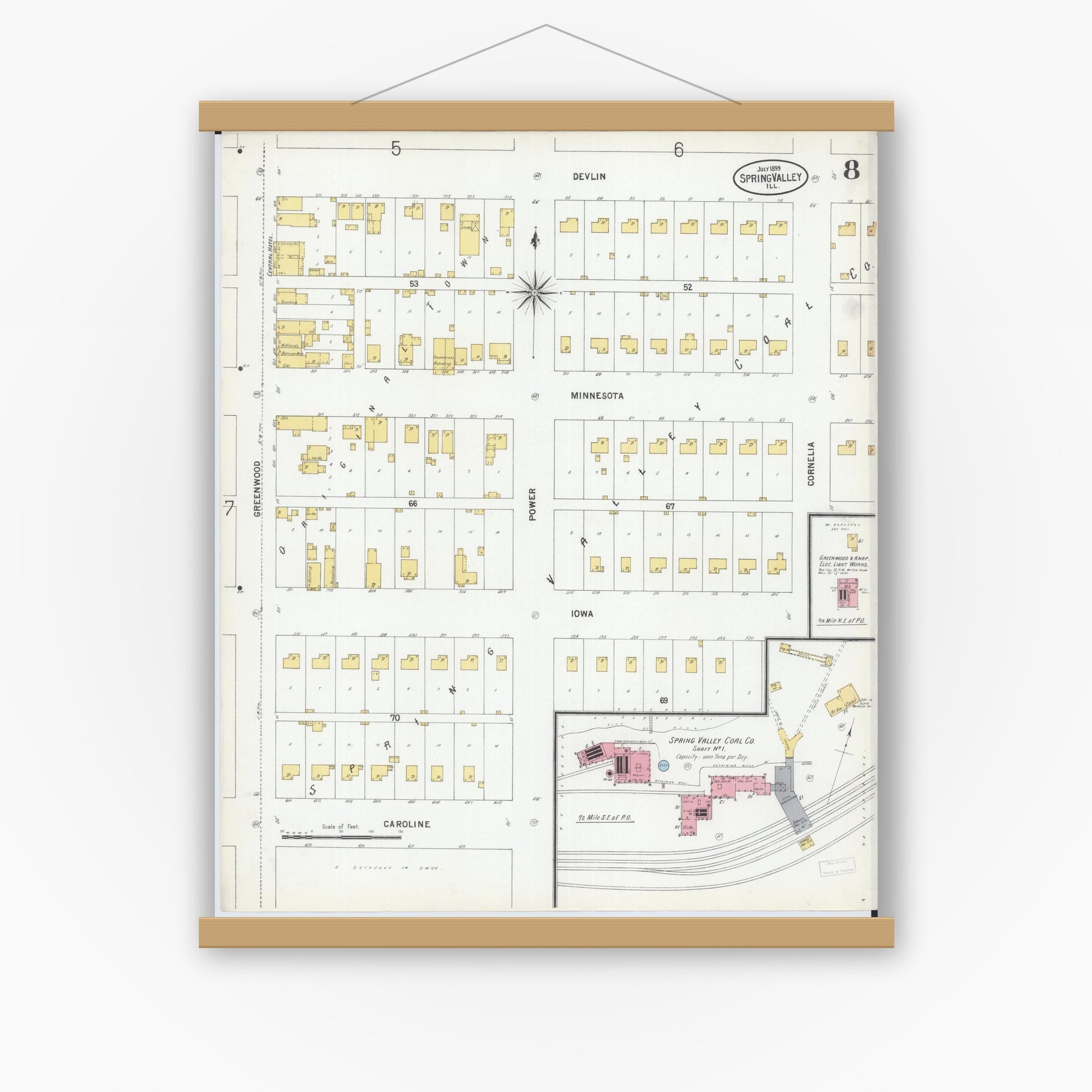 Old map wall art mockup — magnetic wood frame on white wall — Sanborn Fire Insurance Map from Spring Valley, Bureau County, Illinois (1899), Sheet #0008