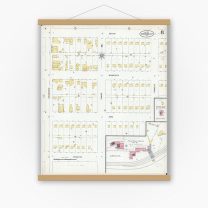 Old map wall art mockup — magnetic wood frame on white wall — Sanborn Fire Insurance Map from Spring Valley, Bureau County, Illinois (1899), Sheet #0008