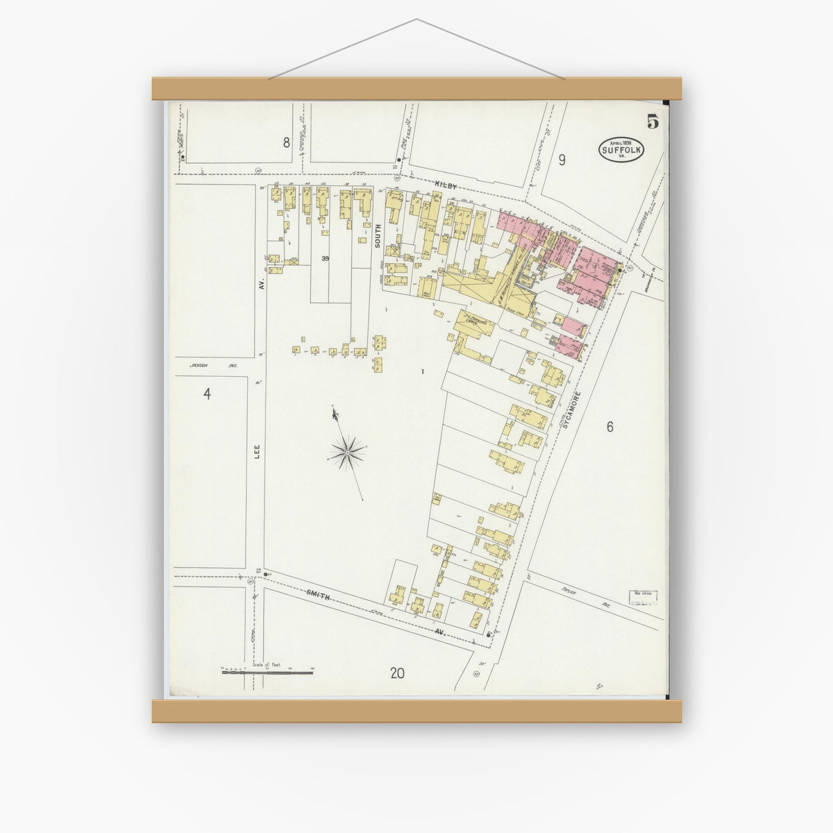 Old map wall art mockup — magnetic wood frame on white wall — Sanborn Fire Insurance Map from Suffolk, Independent Cities, Virginia (1898), Sheet #0005