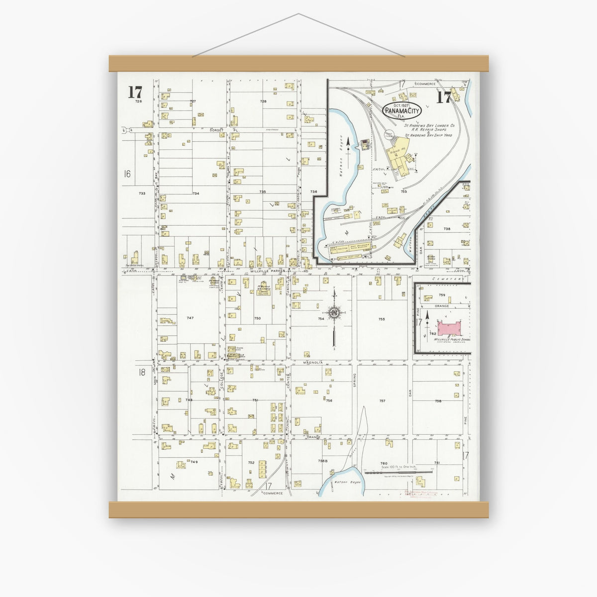 Old map wall art mockup — magnetic wood frame on white wall — Sanborn Fire Insurance Map from Panama City, Bay County, Florida (1927), Sheet #0017