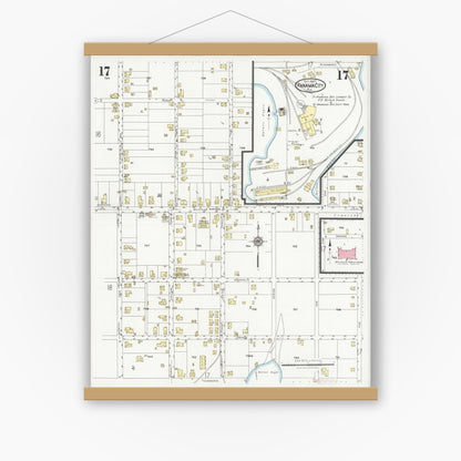 Old map wall art mockup — magnetic wood frame on white wall — Sanborn Fire Insurance Map from Panama City, Bay County, Florida (1927), Sheet #0017