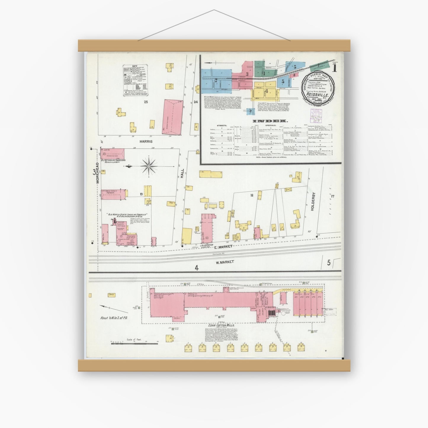 Old map wall art mockup — magnetic wood frame on white wall — Sanborn Fire Insurance Map from Reidsville, Rockingham County, North Carolina (1901), Sheet #0001