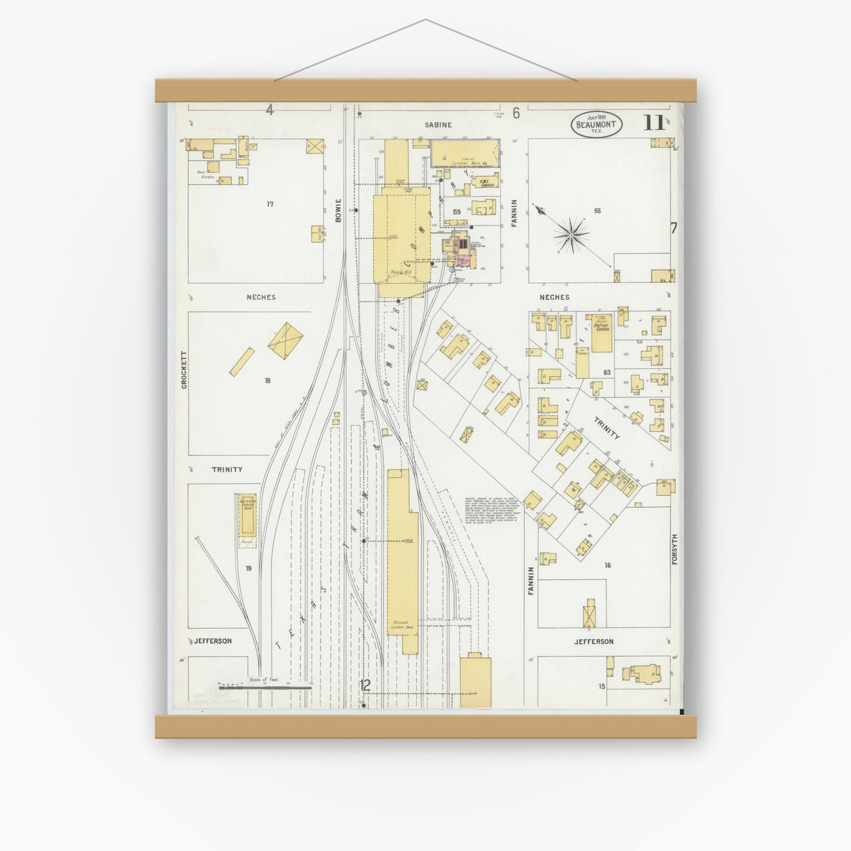 Old map wall art mockup — magnetic wood frame on white wall — Sanborn Fire Insurance Map from Beaumont, Jefferson County, Texas (1899), Sheet #0011