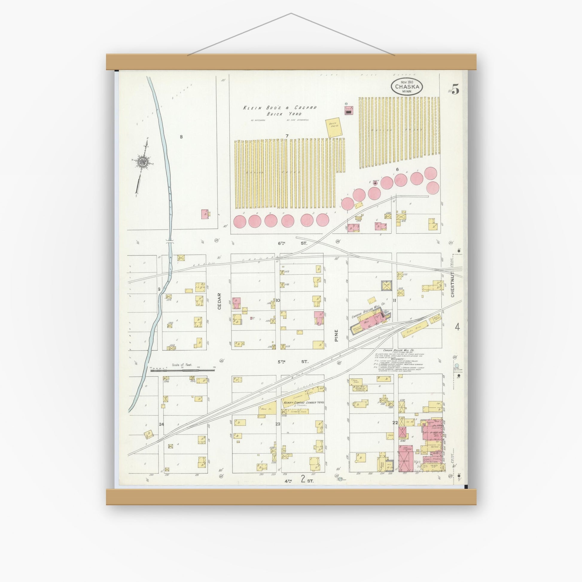 Old map wall art mockup — magnetic wood frame on white wall — Sanborn Fire Insurance Map from Chaska, Carver County, Minnesota (1910), Sheet #0005
