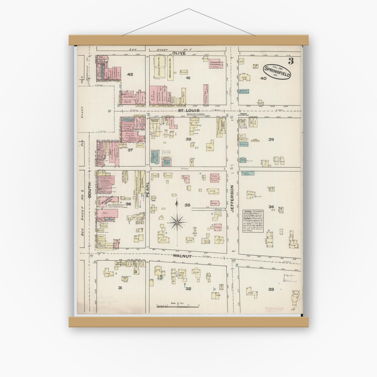 Old map wall art mockup — magnetic wood frame on white wall — Sanborn Fire Insurance Map from Springfield, Greene County, Missouri (1884), Sheet #0003