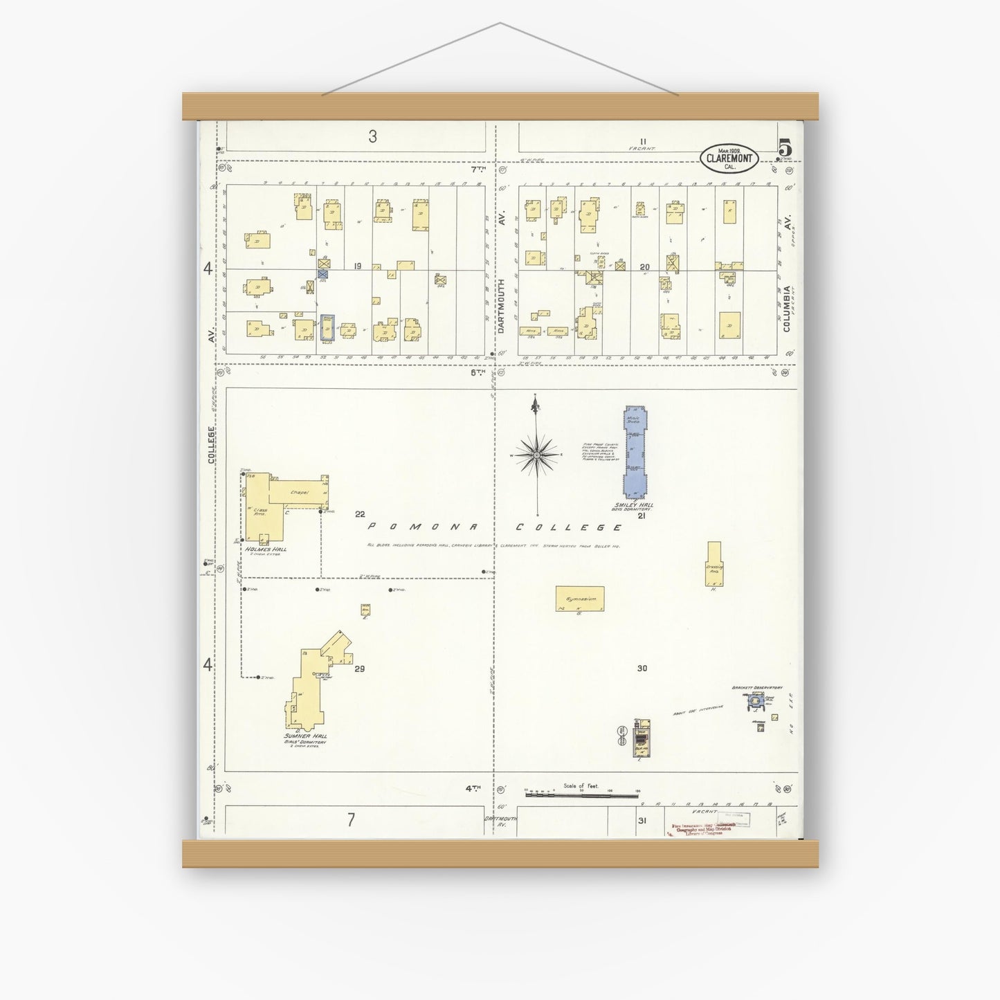 Old map wall art mockup — magnetic wood frame on white wall — Sanborn Fire Insurance Map from Claremont, Los Angeles County, California (1909), Sheet #0005