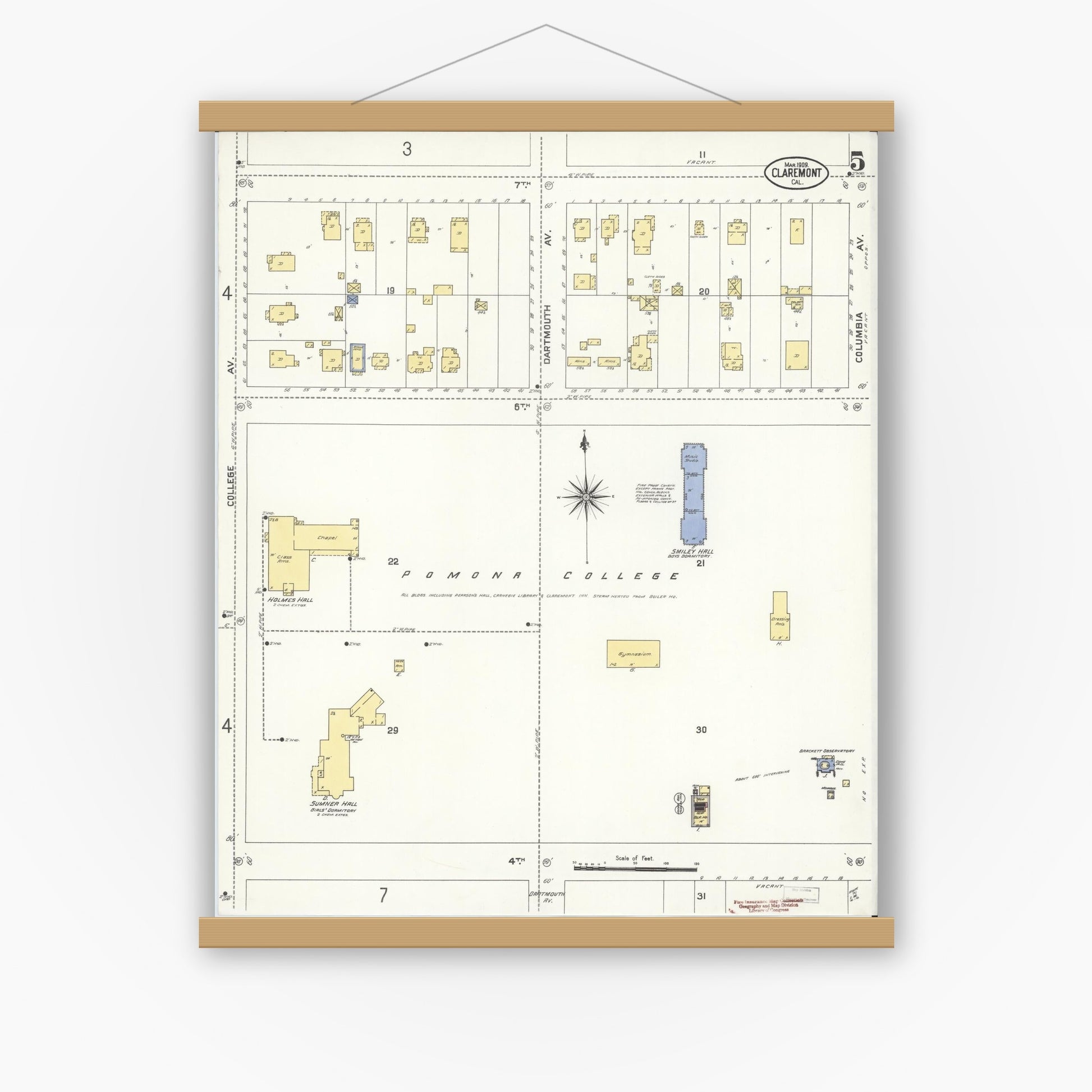 Old map wall art mockup — magnetic wood frame on white wall — Sanborn Fire Insurance Map from Claremont, Los Angeles County, California (1909), Sheet #0005