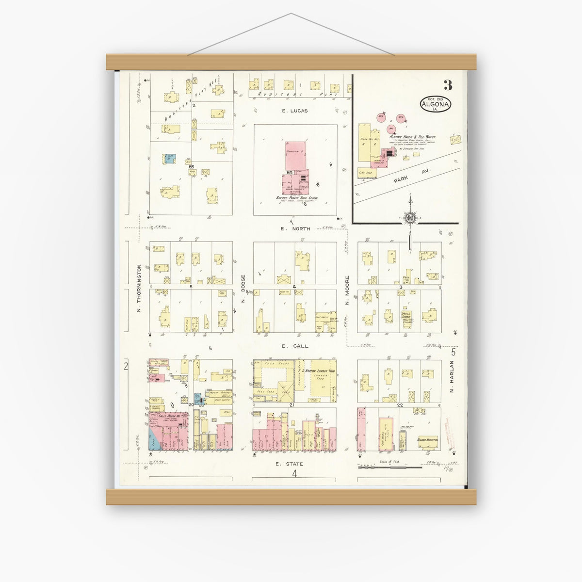 Old map wall art mockup — magnetic wood frame on white wall — Sanborn Fire Insurance Map from Algona, Kossuth County, Iowa (1913), Sheet #0003