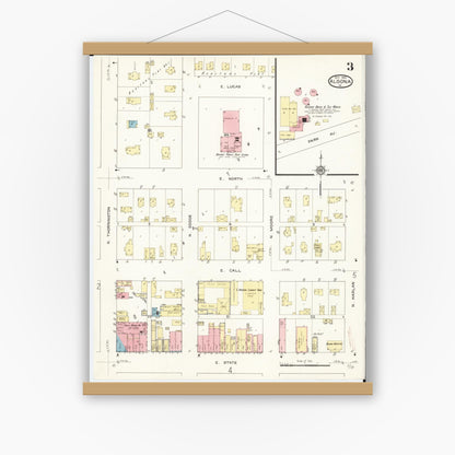 Old map wall art mockup — magnetic wood frame on white wall — Sanborn Fire Insurance Map from Algona, Kossuth County, Iowa (1913), Sheet #0003