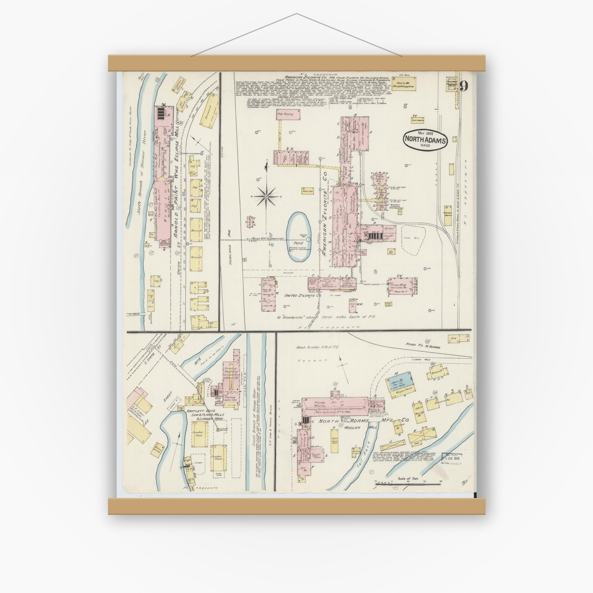 Old map wall art mockup — magnetic wood frame on white wall — Sanborn Fire Insurance Map from North Adams, Berkshire County, Massachusetts (1888), Sheet #0009