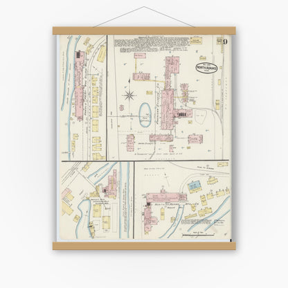 Old map wall art mockup — magnetic wood frame on white wall — Sanborn Fire Insurance Map from North Adams, Berkshire County, Massachusetts (1888), Sheet #0009