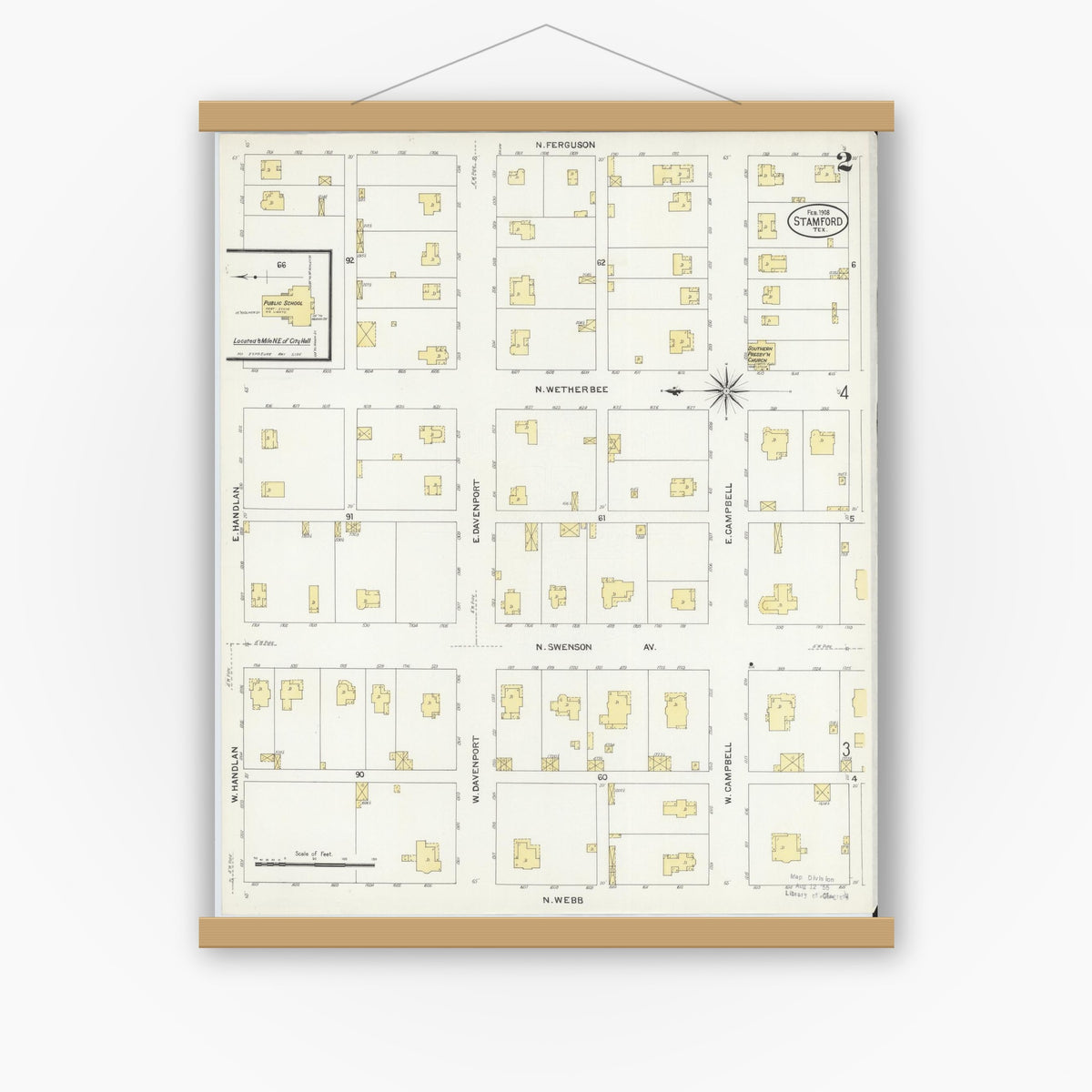 Old map wall art mockup — magnetic wood frame on white wall — Sanborn Fire Insurance Map from Stamford, Jones County, Texas (1908), Sheet #0002