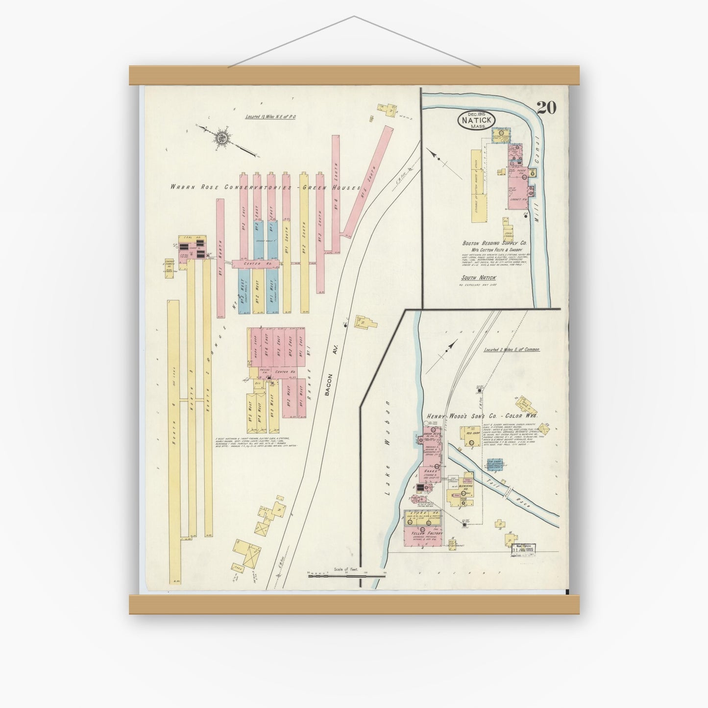Old map wall art mockup — magnetic wood frame on white wall — Sanborn Fire Insurance Map from Natick, Middlesex County, Massachusetts (1915), Sheet #0020