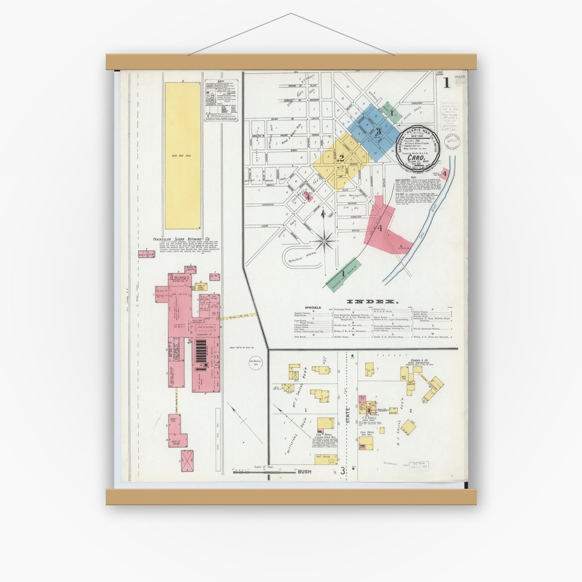 Old map wall art mockup — magnetic wood frame on white wall — Sanborn Fire Insurance Map from Caro, Tuscola County, Michigan (1900), Sheet #0001