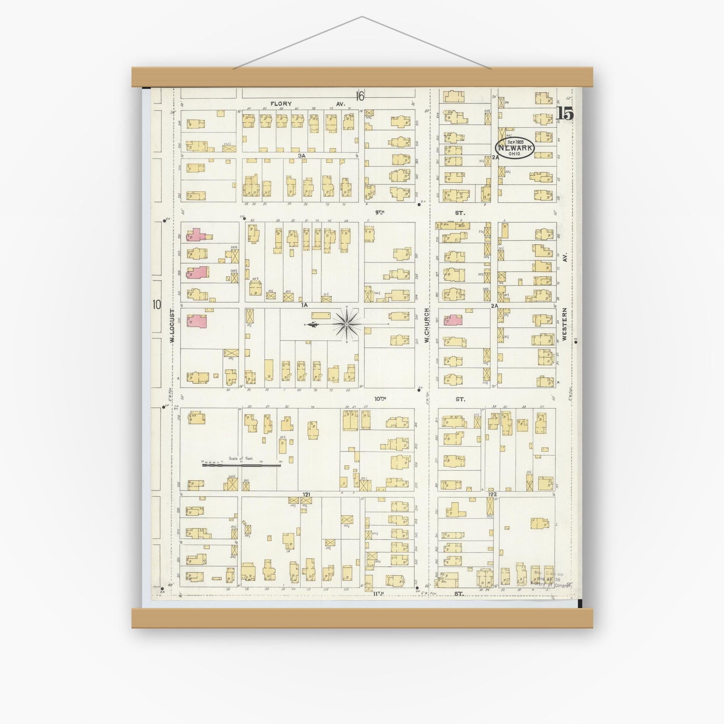 Old map wall art mockup — magnetic wood frame on white wall — Sanborn Fire Insurance Map from Newark, Licking County, Ohio (1905), Sheet #0015
