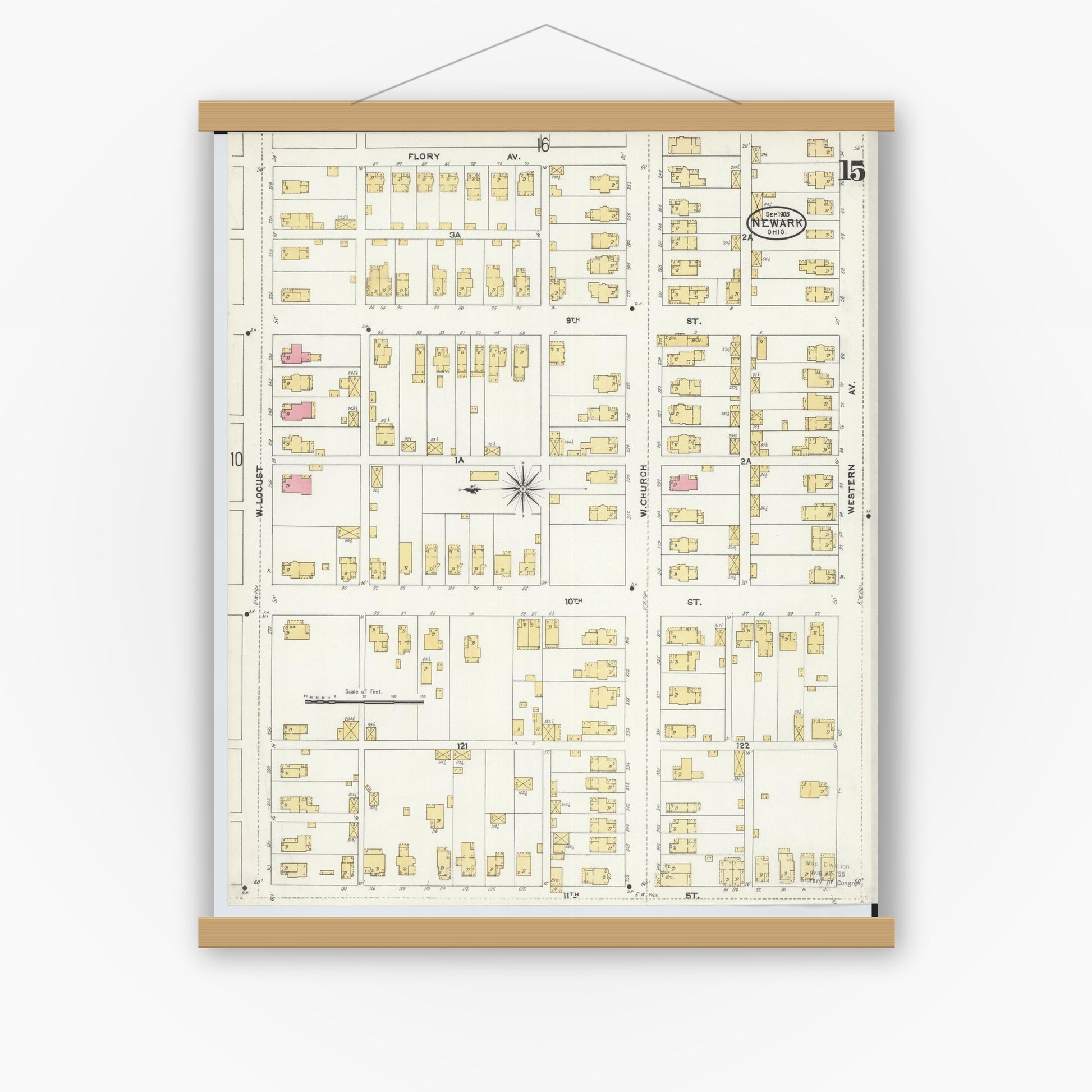 Old map wall art mockup — magnetic wood frame on white wall — Sanborn Fire Insurance Map from Newark, Licking County, Ohio (1905), Sheet #0015