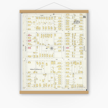 Old map wall art mockup — magnetic wood frame on white wall — Sanborn Fire Insurance Map from Newark, Licking County, Ohio (1905), Sheet #0015