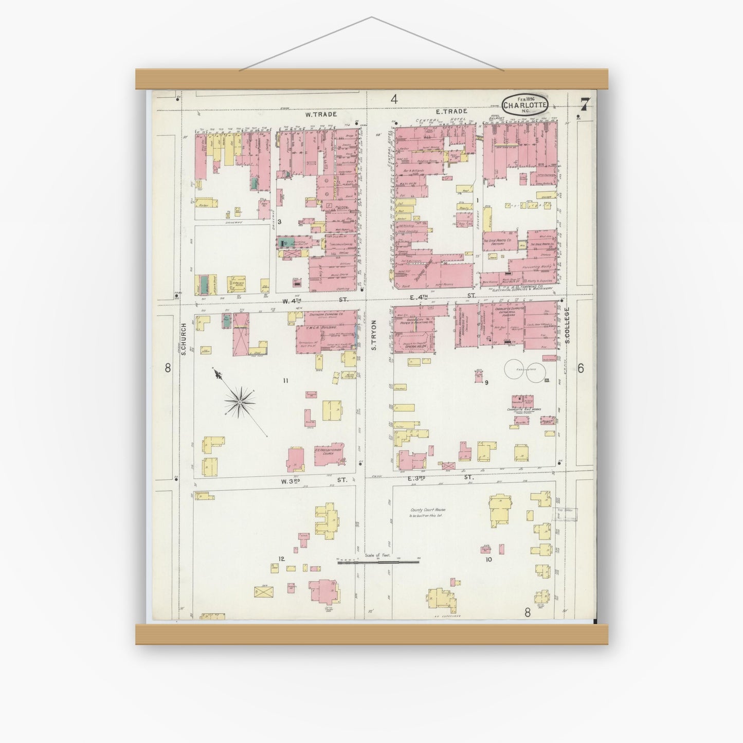 Old map wall art mockup — magnetic wood frame on white wall — Sanborn Fire Insurance Map from Charlotte, Mecklenburg County, North Carolina (1896), Sheet #0007