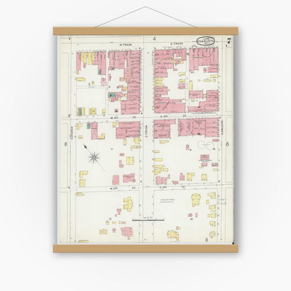 Old map wall art mockup — magnetic wood frame on white wall — Sanborn Fire Insurance Map from Charlotte, Mecklenburg County, North Carolina (1896), Sheet #0007