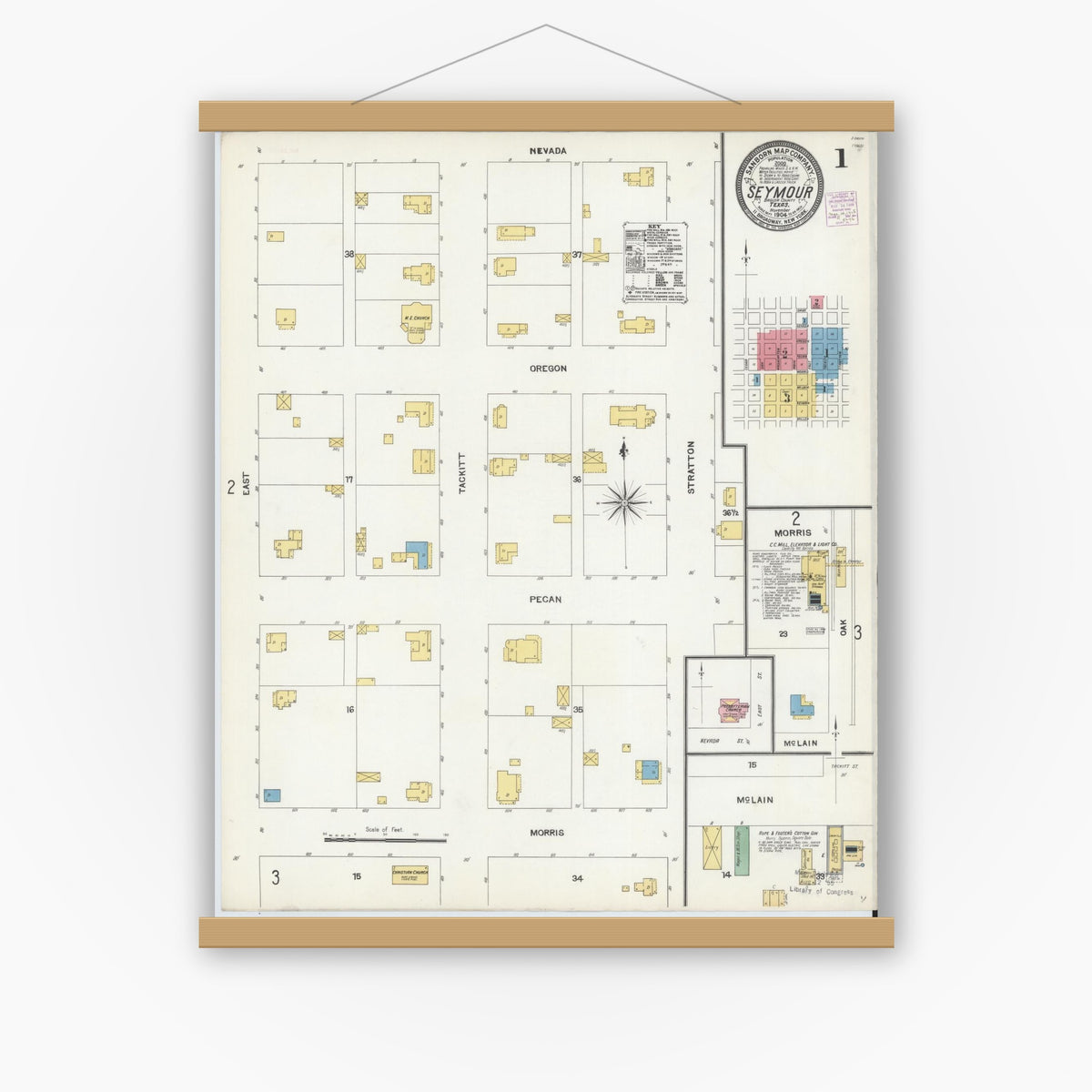 Old map wall art mockup — magnetic wood frame on white wall — Sanborn Fire Insurance Map from Seymour, Baylor County, Texas (1904) - Complete Map Set