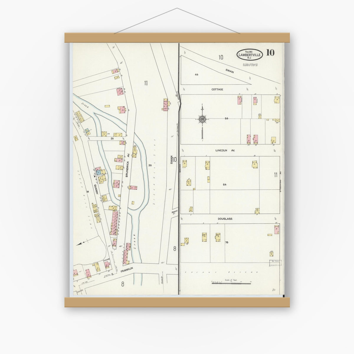 Old map wall art mockup — magnetic wood frame on white wall — Sanborn Fire Insurance Map from Lambertville, Hunterdon County, New Jersey (1912), Sheet #0010