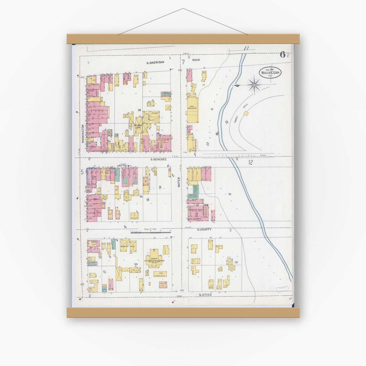 Old map wall art mockup — magnetic wood frame on white wall — Sanborn Fire Insurance Map from Waukegan, Lake County, Illinois (1906), Sheet #0006