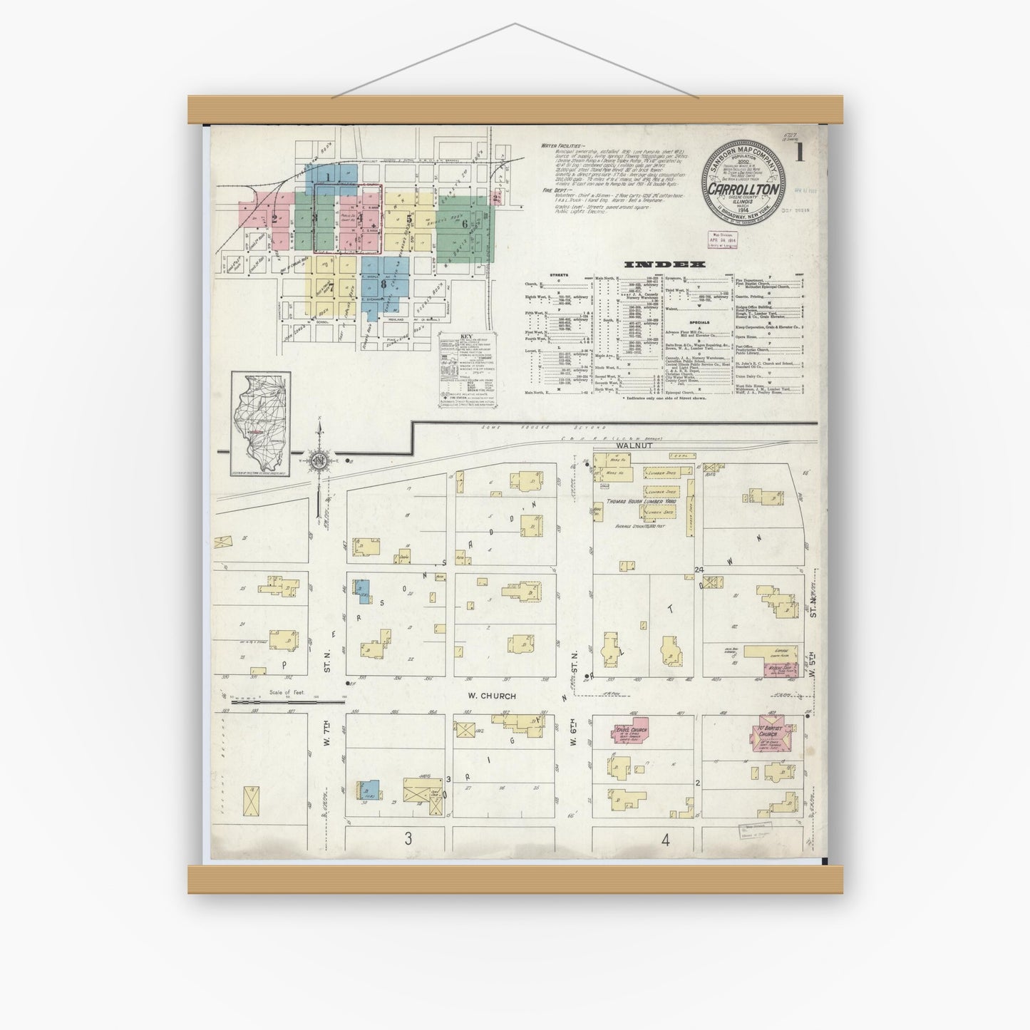 Old map wall art mockup — magnetic wood frame on white wall — Sanborn Fire Insurance Map from Carrollton, Greene County, Illinois (1914) - Complete Map Set