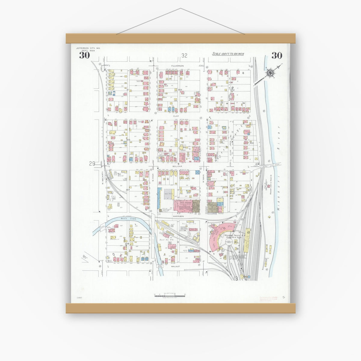Old map wall art mockup — magnetic wood frame on white wall — Sanborn Fire Insurance Map from Jefferson City, Cole County, Missouri (1939), Sheet #0030