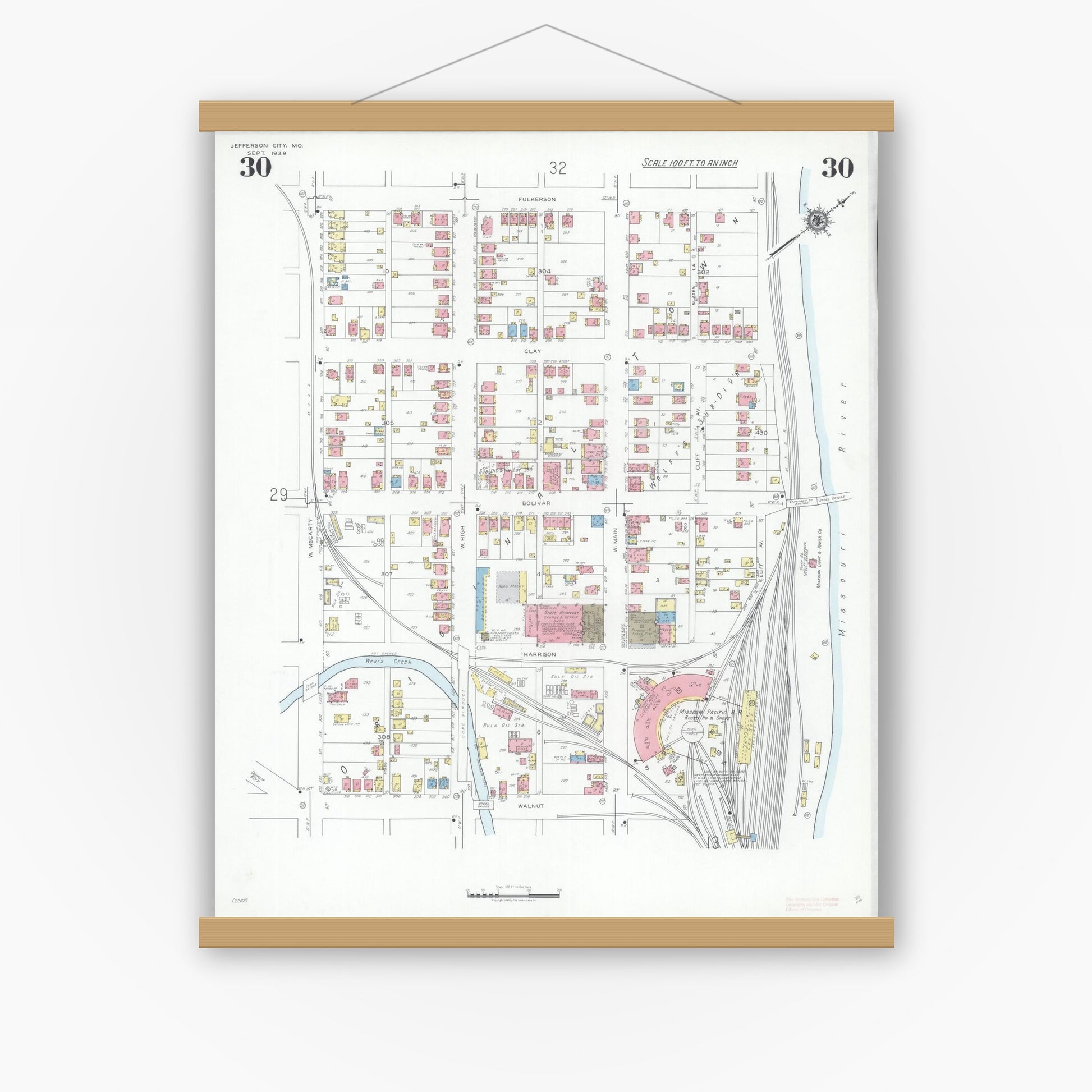 Old map wall art mockup — magnetic wood frame on white wall — Sanborn Fire Insurance Map from Jefferson City, Cole County, Missouri (1939), Sheet #0030