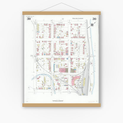 Old map wall art mockup — magnetic wood frame on white wall — Sanborn Fire Insurance Map from Jefferson City, Cole County, Missouri (1939), Sheet #0030