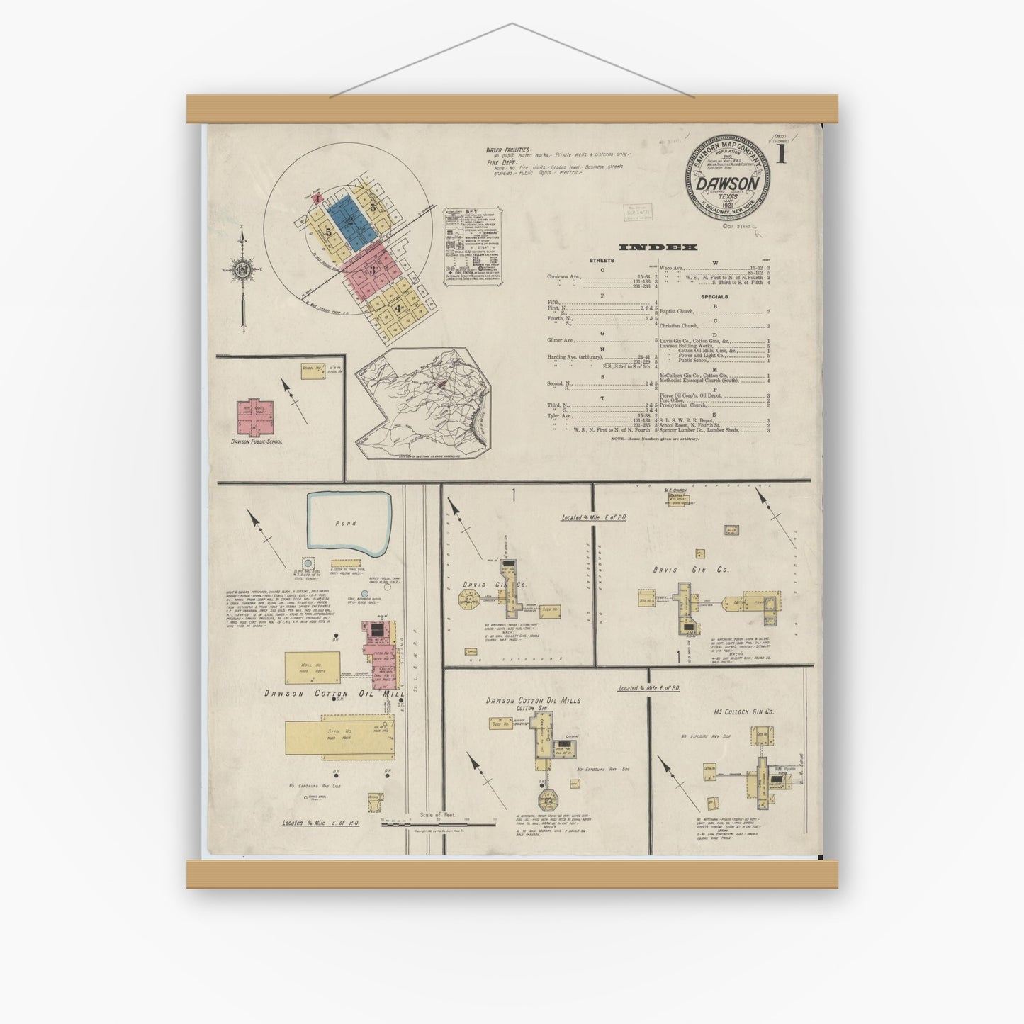 Old map wall art mockup — magnetic wood frame on white wall — Sanborn Fire Insurance Map from Dawson, Navarro County, Texas (1921), Sheet #0001
