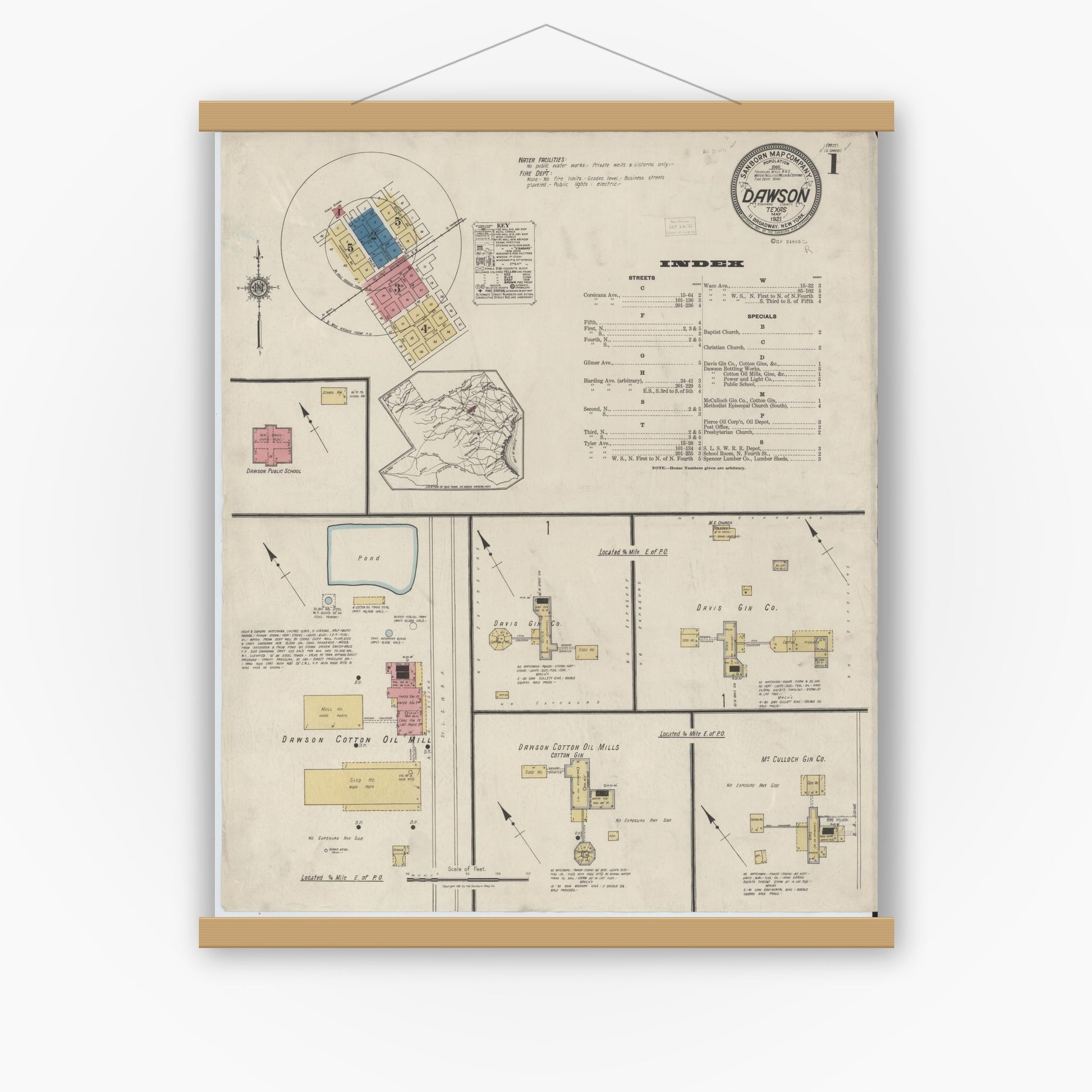 Old map wall art mockup — magnetic wood frame on white wall — Sanborn Fire Insurance Map from Dawson, Navarro County, Texas (1921), Sheet #0001