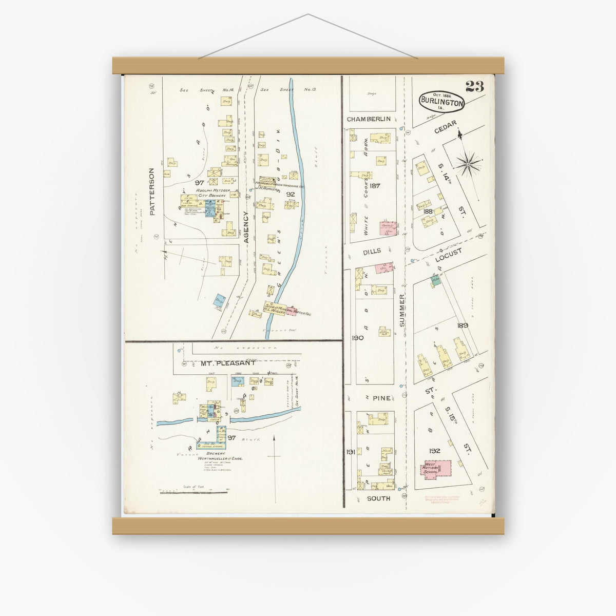 Old map wall art mockup — magnetic wood frame on white wall — Sanborn Fire Insurance Map from Burlington, Des Moines County, Iowa (1888), Sheet #0023