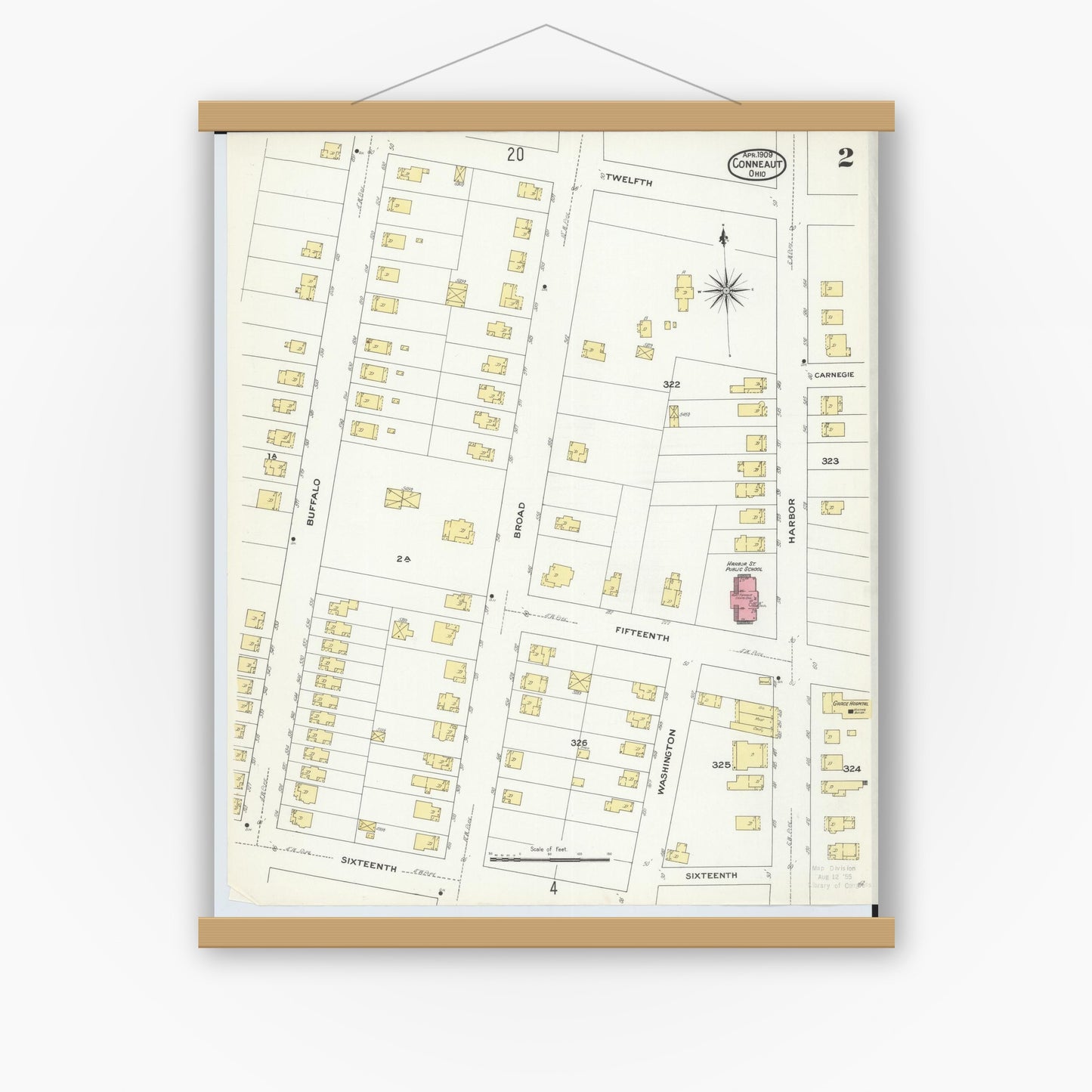 Old map wall art mockup — magnetic wood frame on white wall — Sanborn Fire Insurance Map from Conneaut, Ashtabula County, Ohio (1909), Sheet #0002