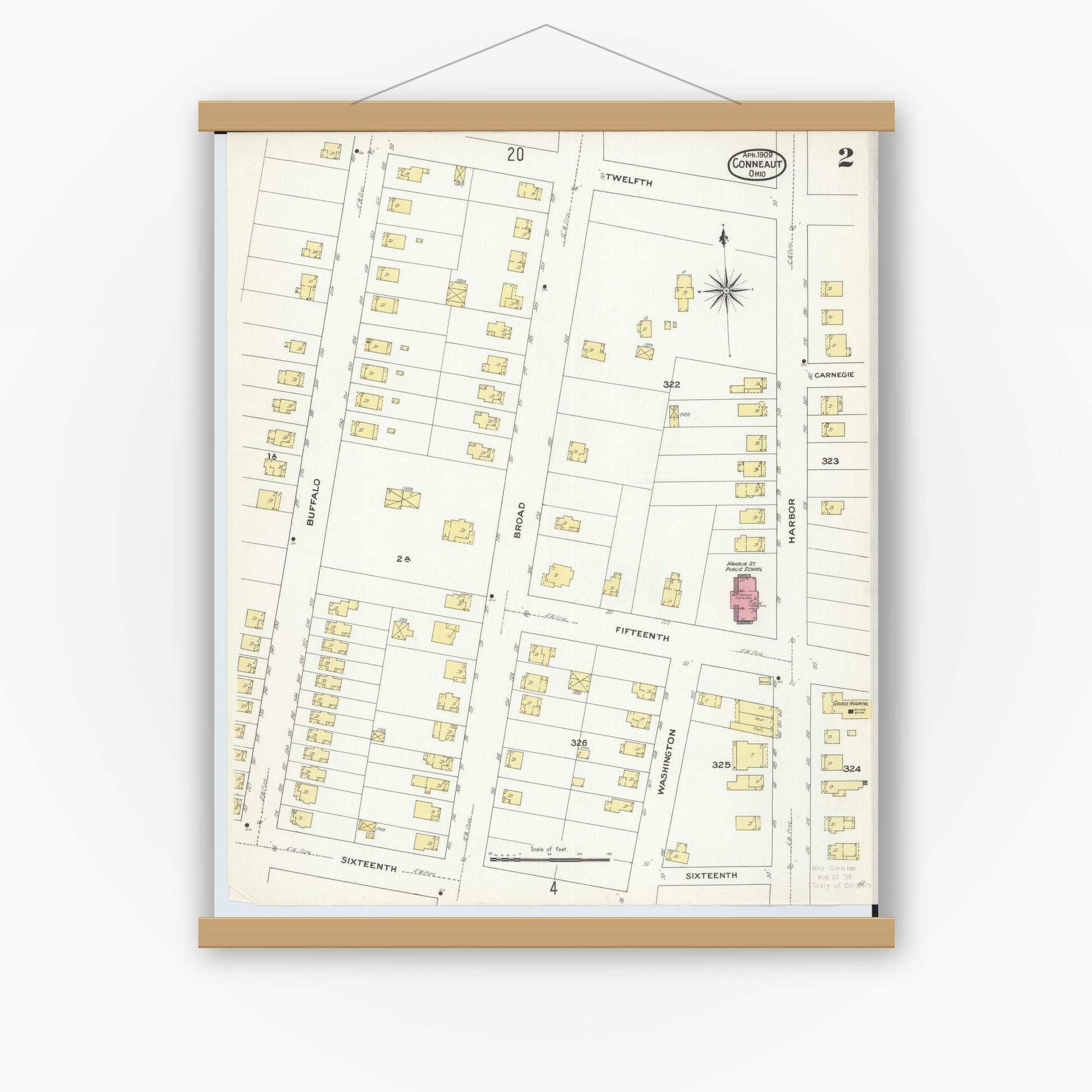 Old map wall art mockup — magnetic wood frame on white wall — Sanborn Fire Insurance Map from Conneaut, Ashtabula County, Ohio (1909), Sheet #0002