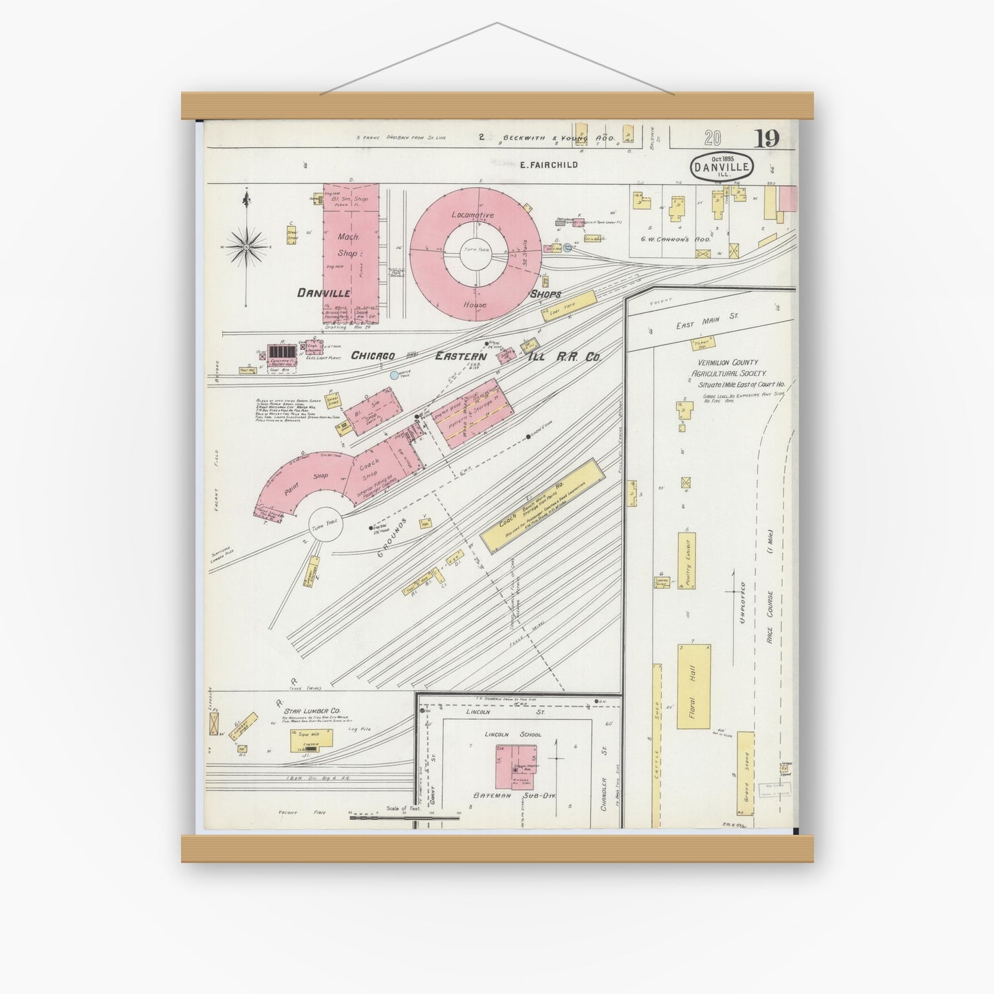 Old map wall art mockup — magnetic wood frame on white wall — Sanborn Fire Insurance Map from Danville, Vermilion County, Illinois (1895), Sheet #0019