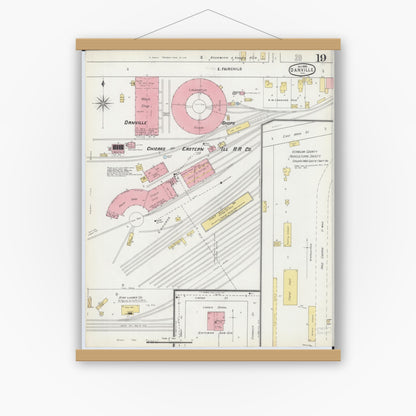 Old map wall art mockup — magnetic wood frame on white wall — Sanborn Fire Insurance Map from Danville, Vermilion County, Illinois (1895), Sheet #0019