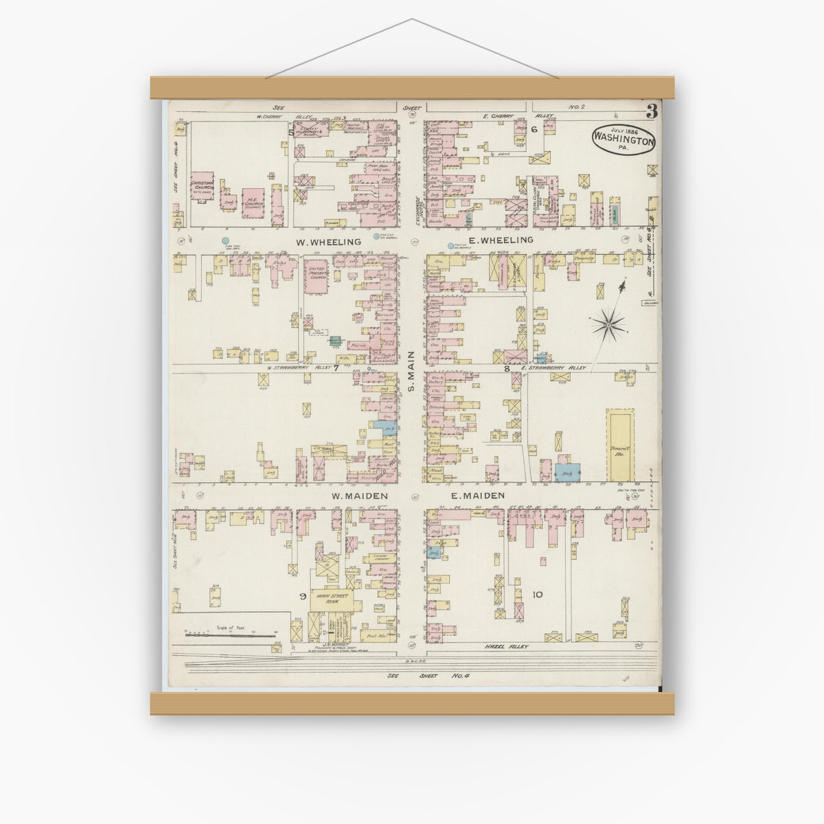 Old map wall art mockup — magnetic wood frame on white wall — Sanborn Fire Insurance Map from Washington, Washington County, Pennsylvania (1886), Sheet #0003