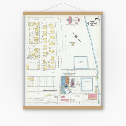 Old map wall art mockup — magnetic wood frame on white wall — Sanborn Fire Insurance Map from Port Arthur, Jefferson County, Texas (1918), Sheet #0012