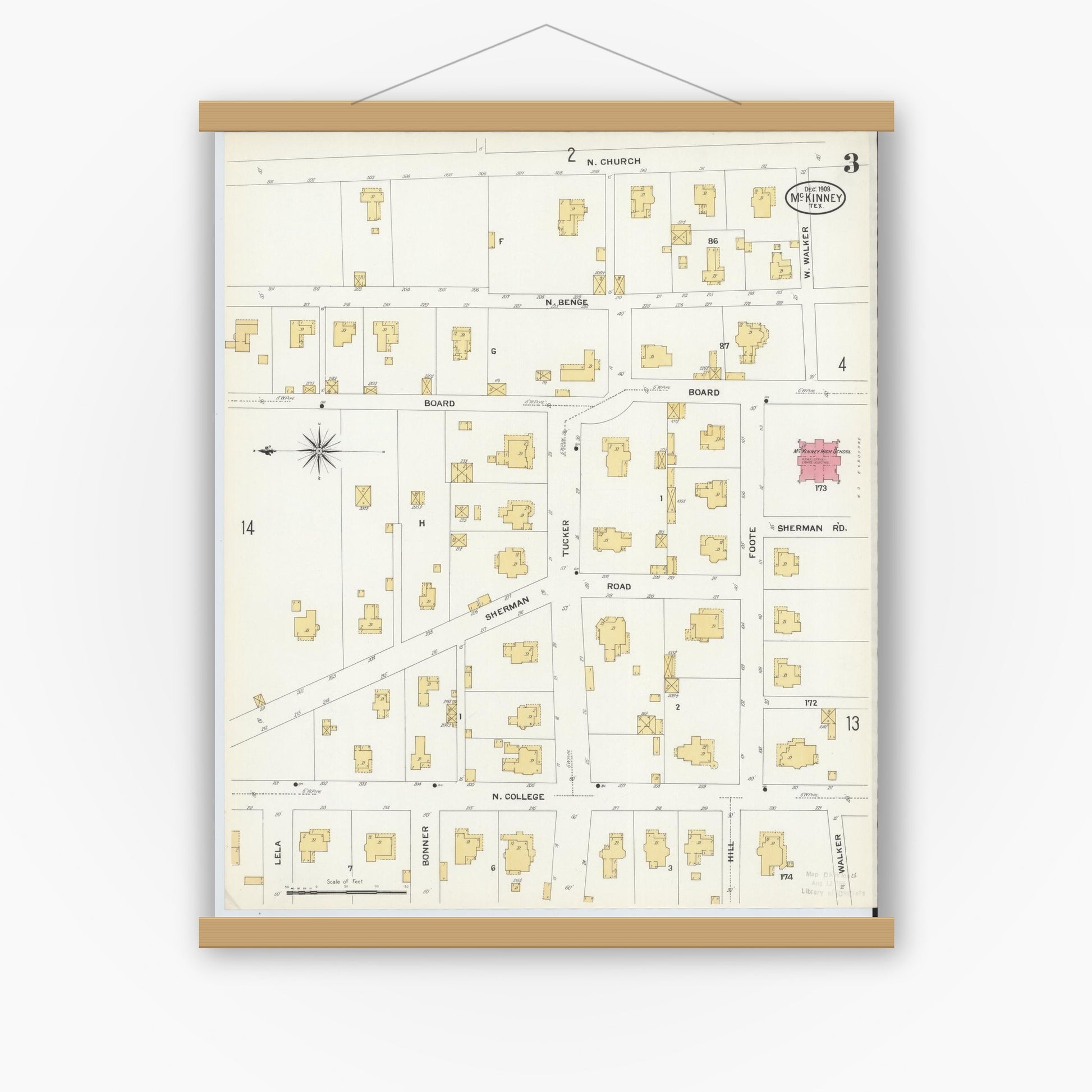 Old map wall art mockup — magnetic wood frame on white wall — Sanborn Fire Insurance Map from McKinney, Collin County, Texas (1908), Sheet #0003